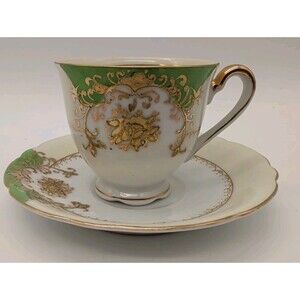 Vtg UCAGCO Occupied Japan Demitasse tea Cup Saucer  Green Gold Moriage Accents